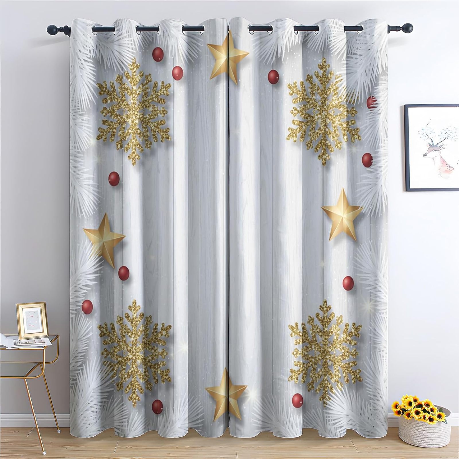 Photo inspiration: Picture Idea: Gold Snowflake And Star Patterned Blackout Curtains For Bedroom Living