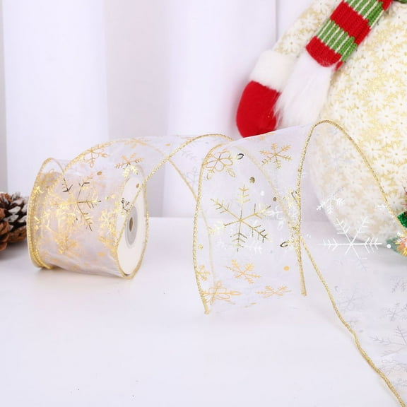 Gold Snowflake Wired Ribbon for Christmas Tree Decorations Gift Wrapping Crafts Holiday Party Decor
