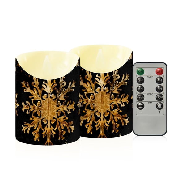 Gold Snowflakes Flickering Flameless Candles with Remote Timer Battery Operated LED Tealight Set of 2 M