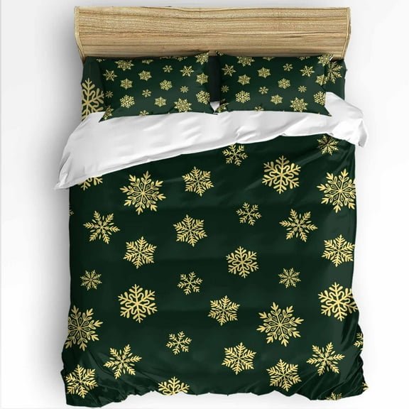 Gold Snowflakes Twin Size Comforter Set, Christmas Winter Snowfall Dark Green Theme Soft Bedding for All Seasons, 4 Pcs Bed Set with 1 Comforter (68"x86") ,1Sheet(66"x116"), 2 Pillowcases (19"x29")
