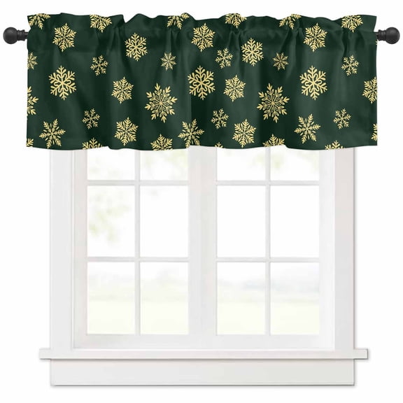 Gold Snowflakes Valances for Windows, Christmas Winter Snowfall Dark Green Theme Light Filtering Window Treatment Valances, Rod Pocket Small Curtains for Kitchen/Bathroom, 56"x16"