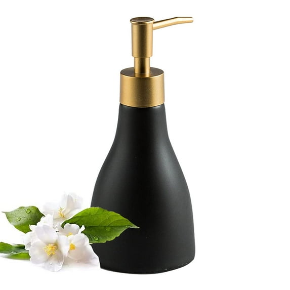 Gold Soap Dispenser Bottle for Bathroom Countertop, Ceramic White Dish Soap Dispenser for Kitchen Sink Soap Pump Lotion, Modern Hand Soap Dispenser with Gold Pump for Liquid Laundry Shower 280ml Black