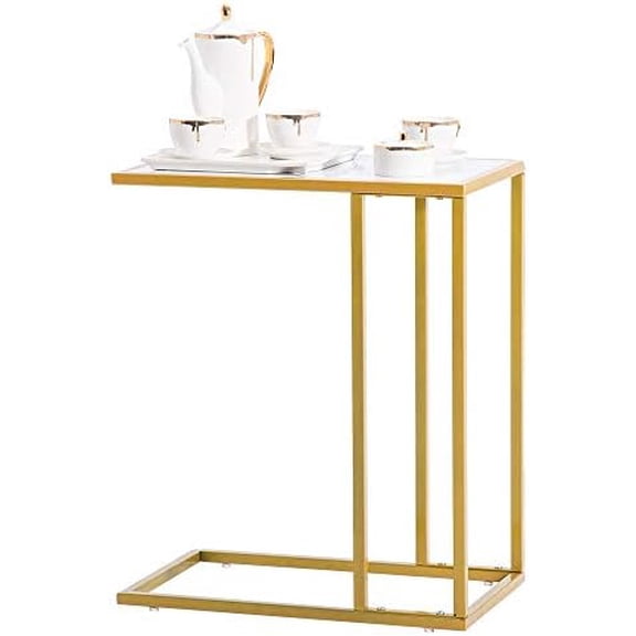 Gold Sofa Side Magazine Snack Table with White Faux Marble Top Modern C-Shaped Chairside Coffee End Table Portable Laptop Desk with Golden Metal Frame Breakfast TV Tray Next to Sofa Couch Bed