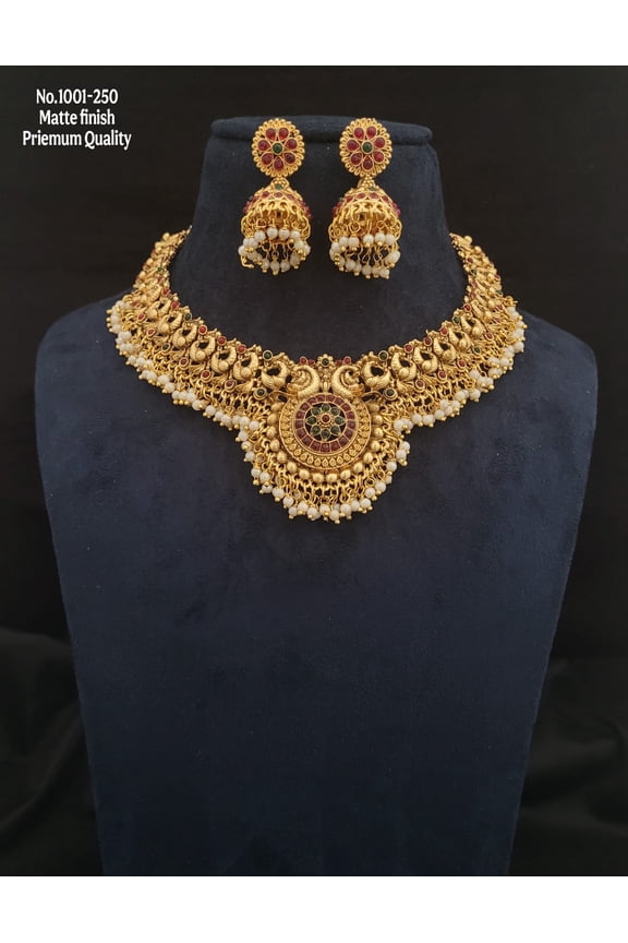 Gold South Indian Necklace Set Premium Matte Finish Temple Necklace Set with Jhumka Earrings Tradition Wedding Wear Earring