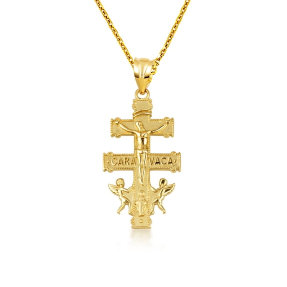Gold Spanish Caravaca Cross Crucifix Jesus Christ Angels (10K Yellow Gold, Pendant with 16" chain)