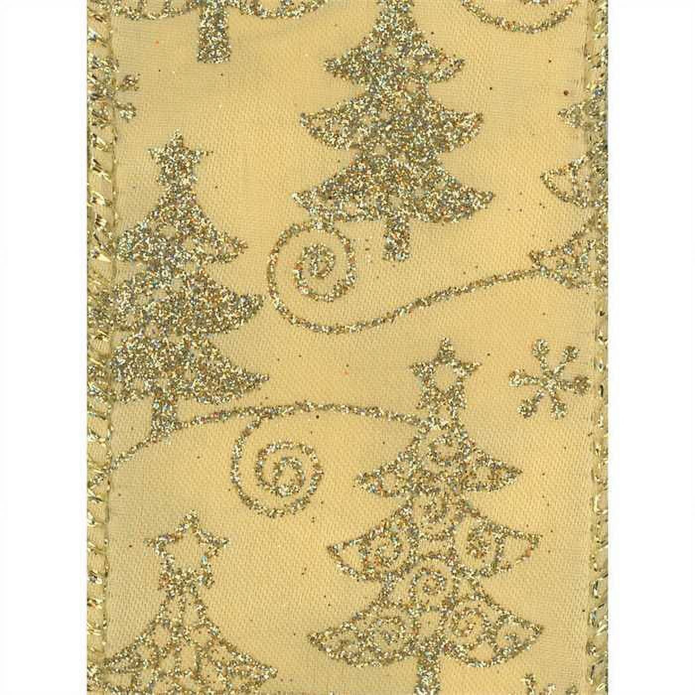 Gold Sparkle Christmas Tree on Solid Gold Conrad 2.5 inches Wide Wired Ribbon 50 Yards