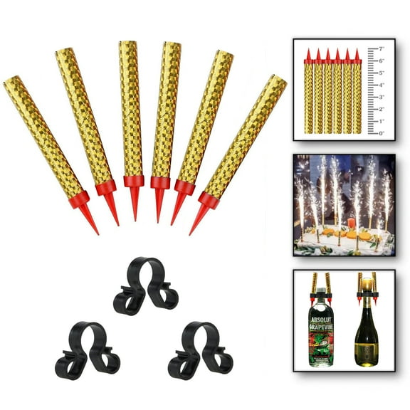 Gold Sparkling Birthday Candles Party Accessories for Birthday, Parties, Wedding, Restaurant, Cake Topper, Sparkler Candles for Champagne Bottle Services（6PCS Candles+ 3PCS Bottle Clip)