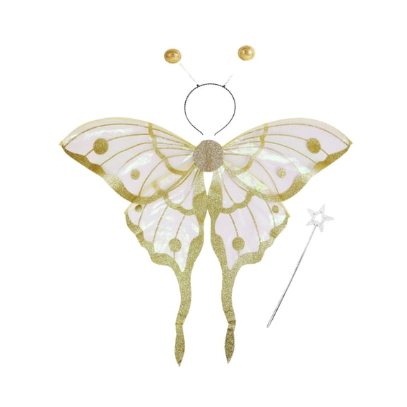 Gold Sparkly Fairy Wings for Adult Costume Dress Up, Elastic Shoulder Strap Wings, 3-Piece Fantasy Party Accessories Set with Magic Wand and Headband