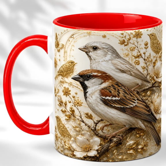 Gold Sparrow Pair Coffee Mug, Botanical Bird Mug, Ceramic 11 oz