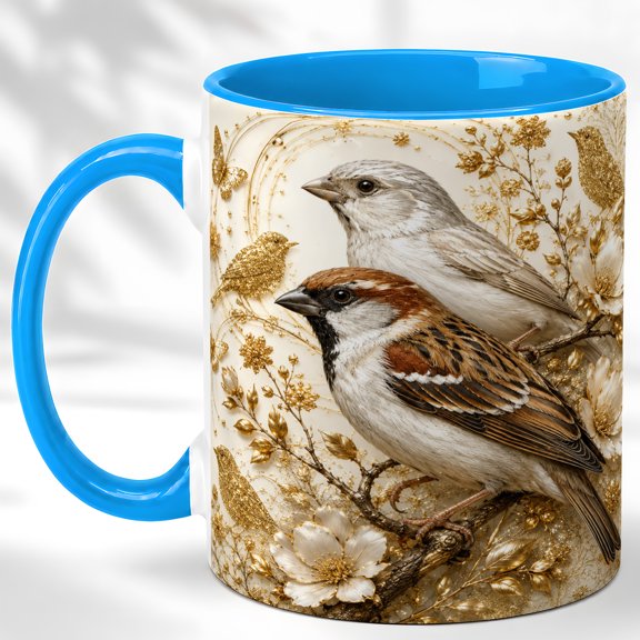 Gold Sparrow Pair Coffee Mug, Botanical Bird Mug, Ceramic 11 oz