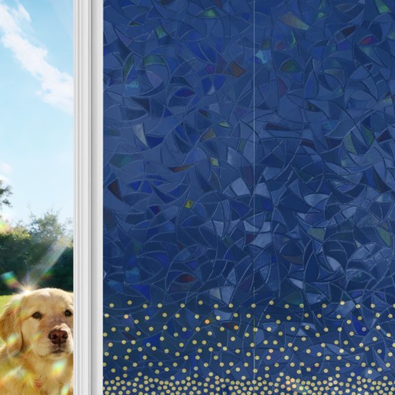 Gold Speckles Grain Rainbow Window Privacy Film, Modern Minimalist Dots Navy Blue Background Stained Glass Window Film, Sun Blocking Glass Clings Non Adhesive Door Stickers 17.7 x 39.3 Inches