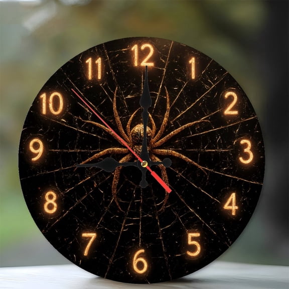 Gold Spider Clock Wall Decor Gothic Home Decor 10-Inch Silent Wooden Wall Clock, Battery Operated (AA Batteries Not Included), Artistic Home Decor