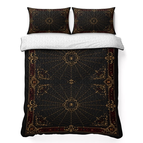 Gold Spiders 3 Piece Quilt Bedding Set with 2 Pillow Shams, Vintage Brown Gold Web Insects Red Damask Border Lightweight Bedspread Coverlet, Soft Breathable All Season Quilt, 79 x 90 Inch