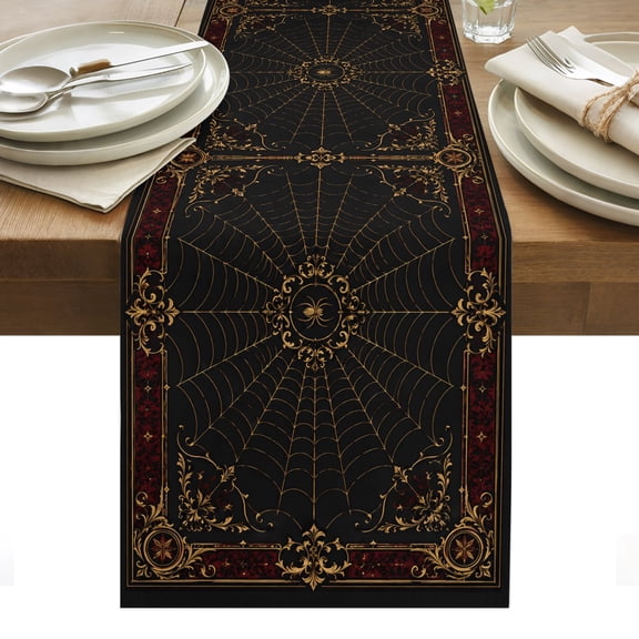 Gold Spiders Cotton Linen Table Runner Vintage Brown Gold Web Insects Red Damask Border Dining Table Runners for Home Decor Party Dining Room Restaurant Kitchen Party 13" x 36"