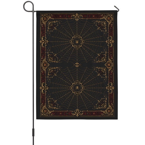 Gold Spiders Garden Flag 12 x 18 Inches, Vintage Brown Gold Web Insects Red Damask Border Weather Proof Outdoor Patio Flags Double Sided Small Garden Decoration for Yard Outside Home