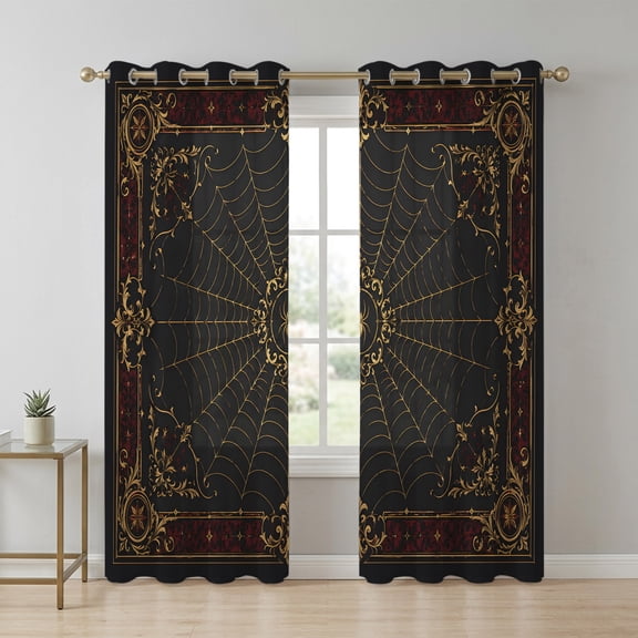 Gold Spiders Sheer Curtains 84 Inch Long 2 Panels, Vintage Brown Gold Web Insects Red Damask Border Light Filtering Semi Sheer Drapes Grommet Voile Window Curtain for Living Bedroom W52 x L84