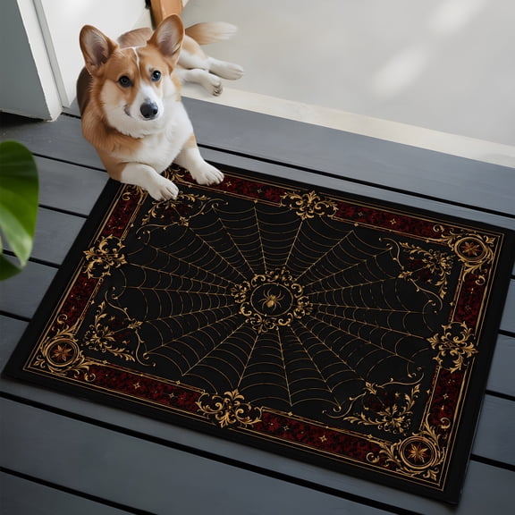 Gold Spiders Washable Entry Rug 2x3 Vintage Brown Gold Web Insects Red Damask Border Low Pile Indoor Door Mat with Rubber Backing Thin Area Rug for for Entrance, Bedroom, Kitchen, Laundry, Bathroom