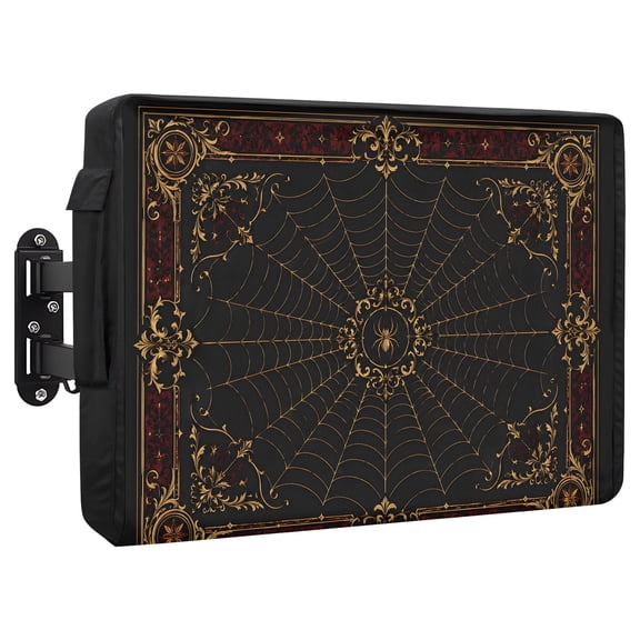 Gold Spiders Waterproof Outdoor TV Cover, Vintage Brown Gold Web Insects Red Damask Border Outside Weatherproof TV Enclosures for 48 to 50 Inch LCD Television Shield Flat Screen Protectors