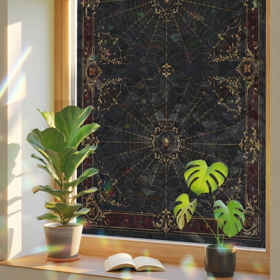 Gold Spiders Window Privacy Film, Vintage Brown Gold Web Insects Red Damask Border Stained Glass Rainbow Film Decorative Window Clings, Static Cling Sun Blocking Stickers 17.7" x 39.3"