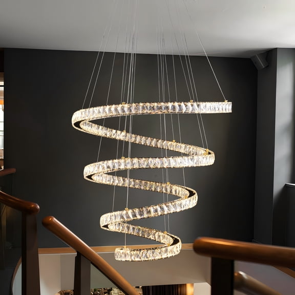 Gold Spiral Crystal LED Chandelier, 31.5" Smart Dimmable Adjustable Height Ceiling Light with Remote & 2700K-6000K for Dining Room Living Room Foyer High Ceilings