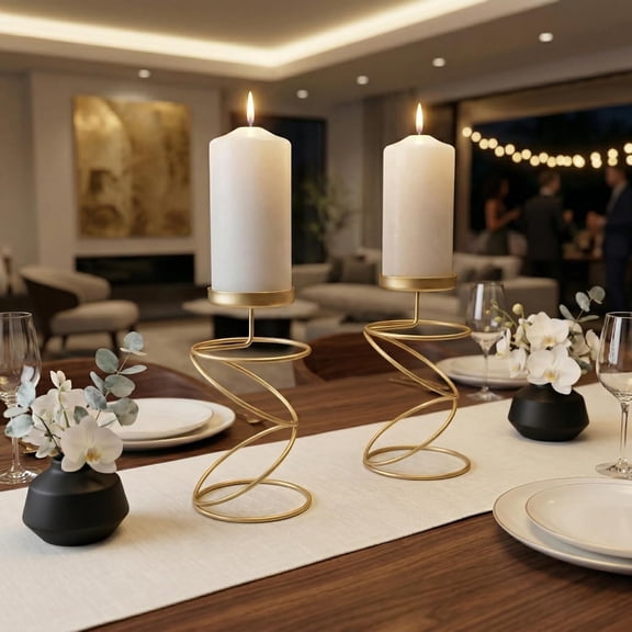 Gold Spiral Metal Pillar Candle Stands (Set of 2) Modern Decorative Table Centerpiece for Dining Table Living Room Bedroom Wedding Decor Romantic Dinner Anniversary Festival Tealight Candle Holders