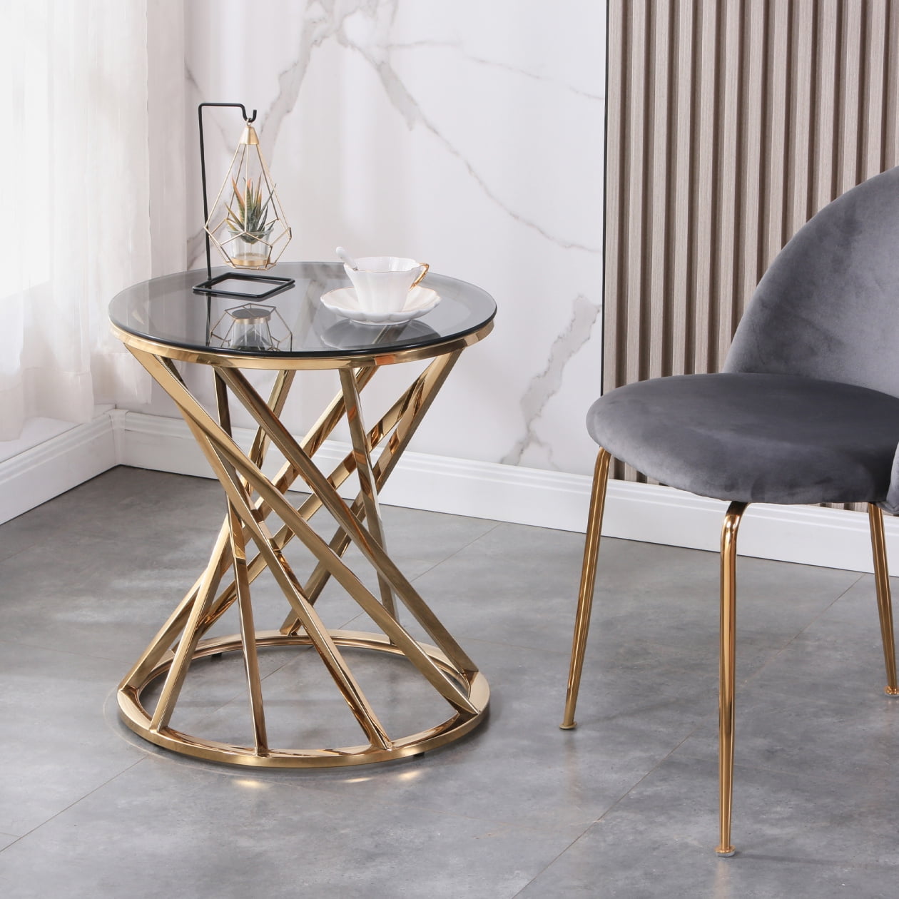 Photo inspiration: Visual Reference: Gold Spiral Shape Glass Tea Table Modern Minimalist Side Table