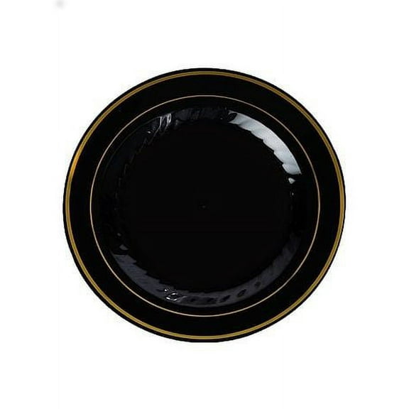 Gold Splendor 10 1/4" Black Dinner Plastic Plates w/ Gold Band 12ct
