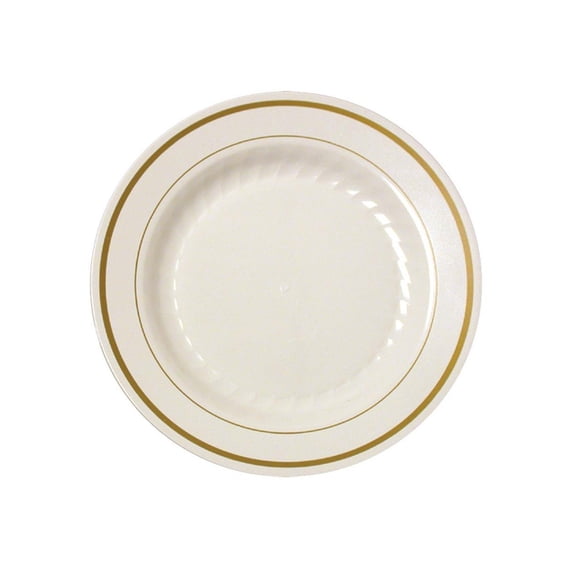 Gold Splendor 10 1/4" Ivory Dinner Plastic Plates w/Gold Band *Case of 120*