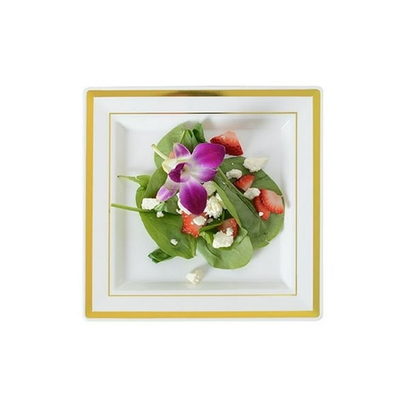 Gold Splendor 7.25" Square Bone/Ivory w/ Gold Band Plastic Dessert Plates 10ct.
