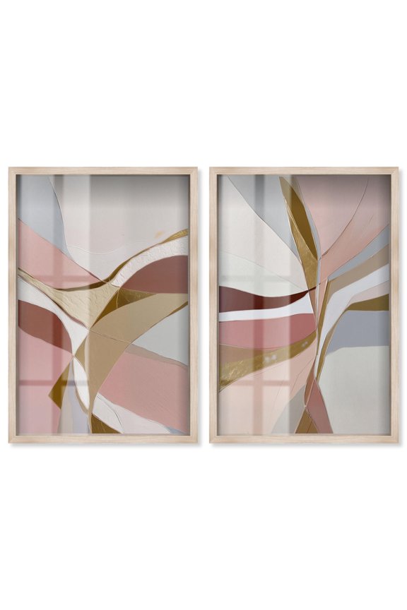 Gold Split Duo Shadowbox Print Abstract Boho Art Set by Art Remedy, Blonde Frame, 10 x 15