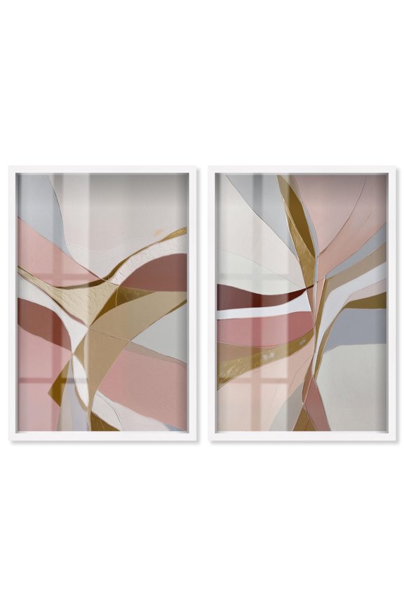 Gold Split Duo Shadowbox Print Abstract Boho Art Set by Art Remedy, White Frame, 16 x 24