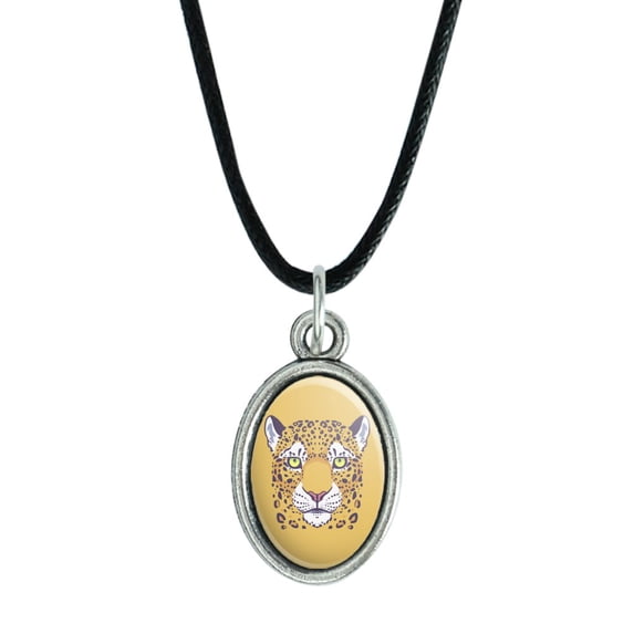 Gold Spotted Leopard Face Antiqued Oval Charm Pendant with Black Satin Cord