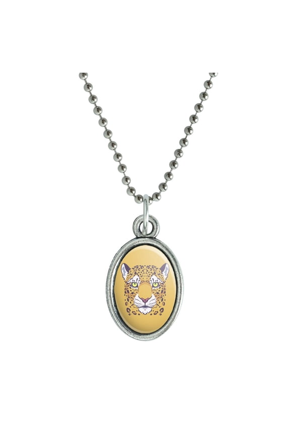 Gold Spotted Leopard Face Antiqued Oval Charm Pendant with Chain