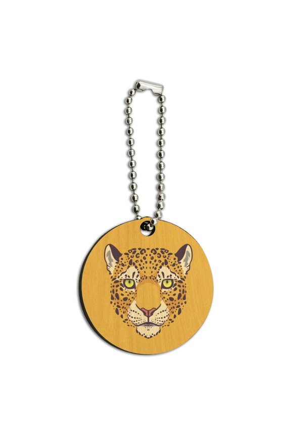 Gold Spotted Leopard Face Wood Wooden Round Keychain Key Chain Ring