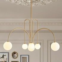 Gold Sputnik Chandelier,6 Lights Large Modern Chandelier L40”Mid Century Long Ceiling Pendant Light Fixtures for Dining Room with Milk Glass Globe Shades for High Ceiling Foyer Living Room
