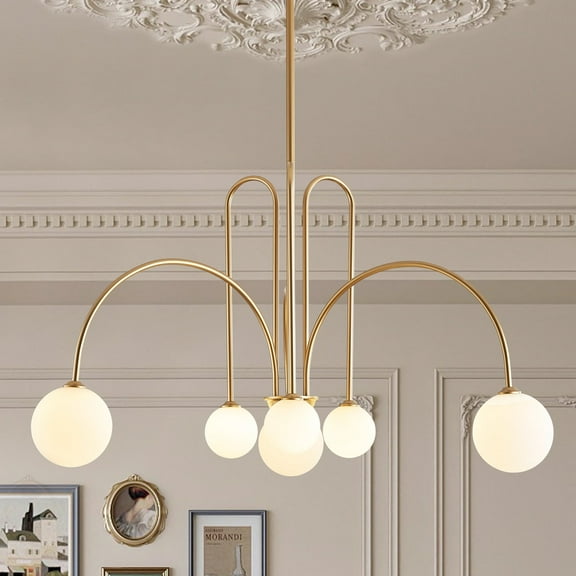 Gold Sputnik Chandelier,6 Lights Large Modern Chandelier L40”Mid Century Long Ceiling Pendant Light Fixtures for Dining Room with Milk Glass Globe Shades for High Ceiling Foyer Living Room