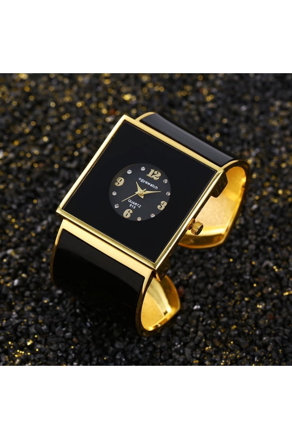 Gold Square Cuff Bangle Watch with Black Dial, Luxury Women’s Quartz Bracelet Watch