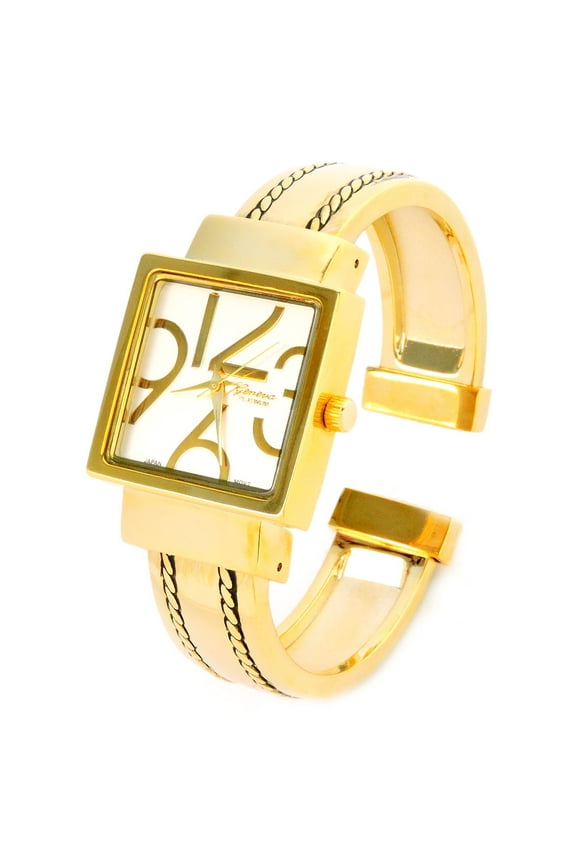 Gold Square Dial with Oversized Hours, Stitch Style Bangle Cuff Watch for Women