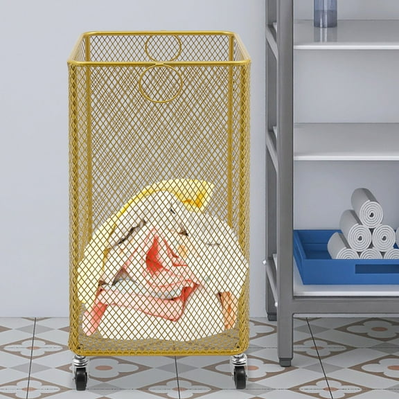 Gold Square Laundry Basket with Wheel Rolling Laundry Cart Modern Iron for Laundry Room, Balcony, Bathroom, Bedroom