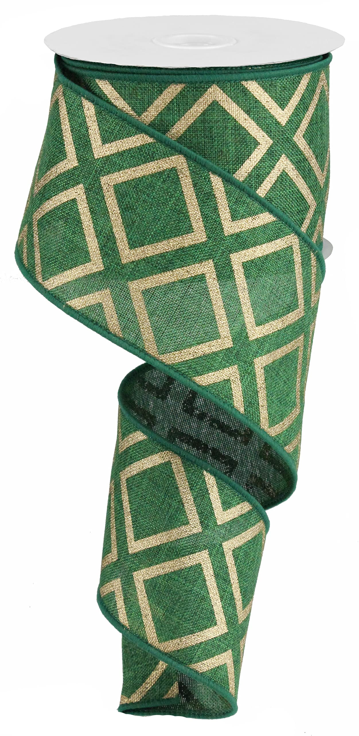 Gold Squares Royal Wired Ribbon, Emerald Green & Gold - 2.5" X 100 Feet (33.3 Yards)