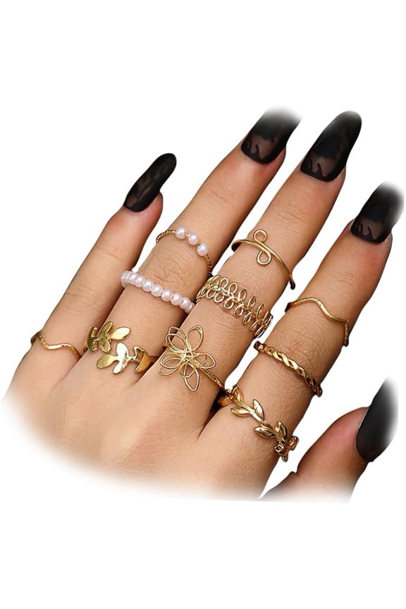 Gold Stackable Knuckle Rings Sets for Women,Lightweight Vintage Hollow Flower Leaf Pearl Finger Rings Prom Party Jewelry Accessories