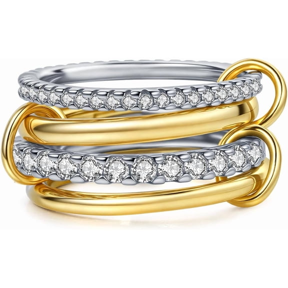 Gold Stackable Rings for Women Non Tarnish,Dainty 18k Gold Professionally Plated CZ Cubic Zirconia Rings,Silver and Gold Rings Set,Multi-Link Connected Rings[v909]