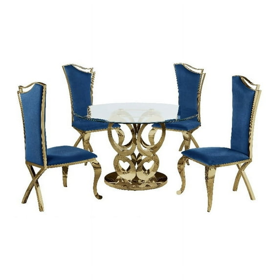 Gold Stainless Steel 5 Piece Dining Set with Round Clear Glass Table and Chairs