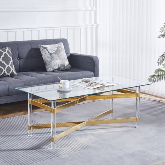 Gold Stainless Steel Coffee Table With acrylic Frame and Clear Glass