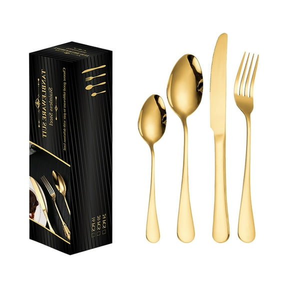 Gold Stainless Steel Cutlery Set Knife Fork Spoon Set With 24-Piece, Unique Slender Handle Design And Durable Construction For Western Dinner, Hotel And Gift Box