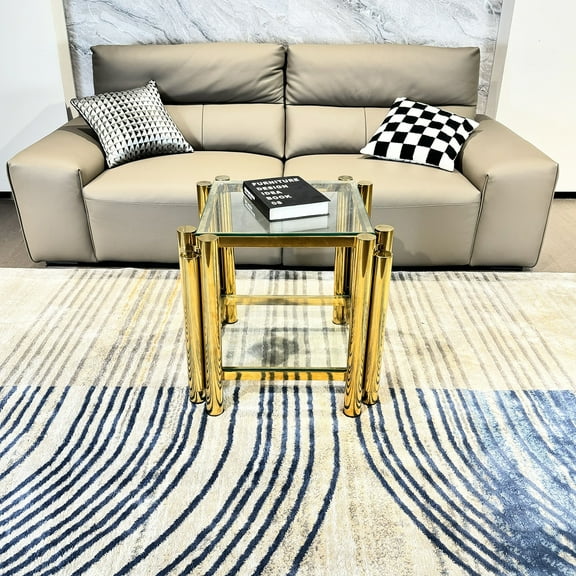 Gold Stainless Steel End Table, 20 Inch Square, Double-layer Clear Tempered Glass, Storage For Living Area