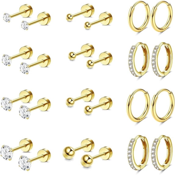 Gold Stainless Steel Flat Back Stud & Hoop Earring Set for Women, Small Cartilage Tragus Helix Piercing Jewelry, Minimalist Stackable (Gold Tone, 12 pairs)