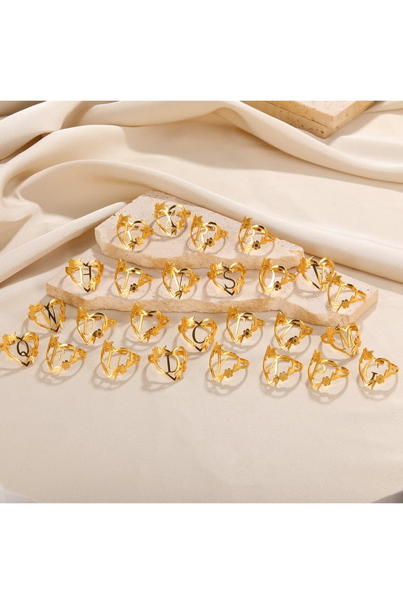Gold Stainless Steel Flower Heart-Shaped Initial Ring Adjustable Exquisite Stylish Women's Letter Jewelry