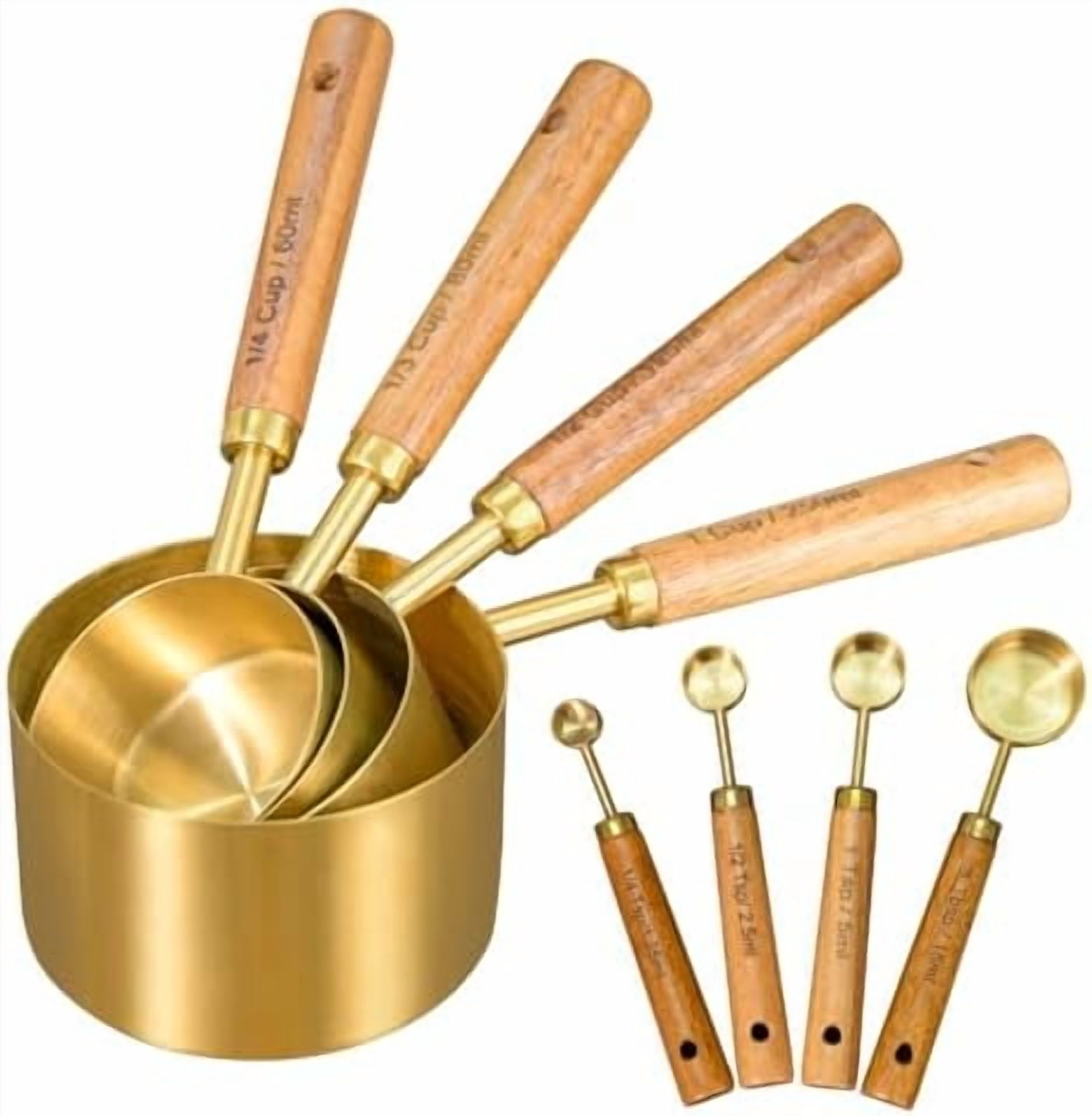 Gold Stainless Steel Measuring Cup Spoon Set, Walnut Handle Baking With ...