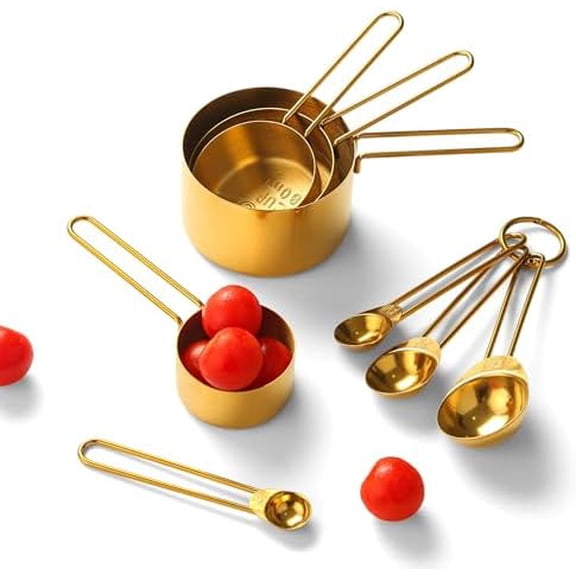 Gold Stainless Steel Measuring Cups and Spoons Set, 8 Piece, Engraved Measurements, Durable Nesting Kitchen Set